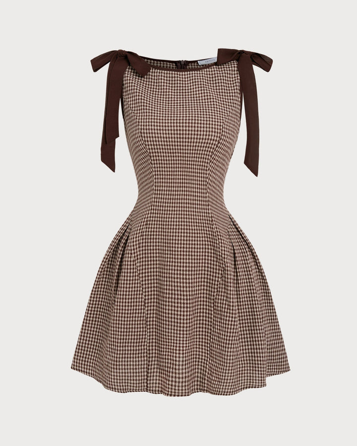 Coralie | Brown Gingham Tie Strap Mini Dress