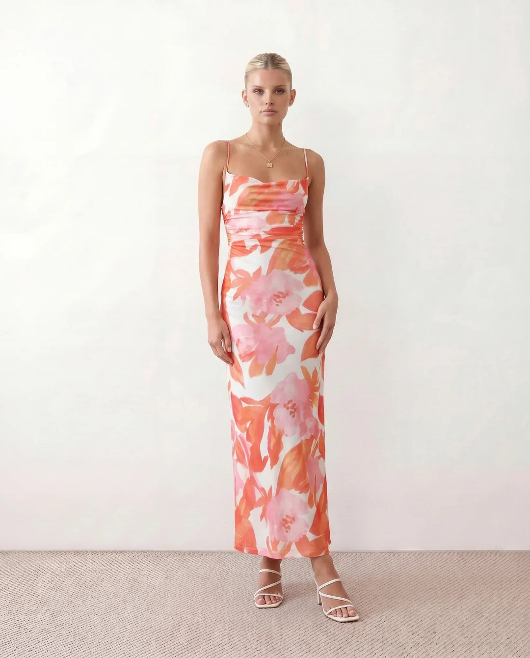 Leona | Spaghetti Strap Lace-Up Abstract Print Maxi Dress