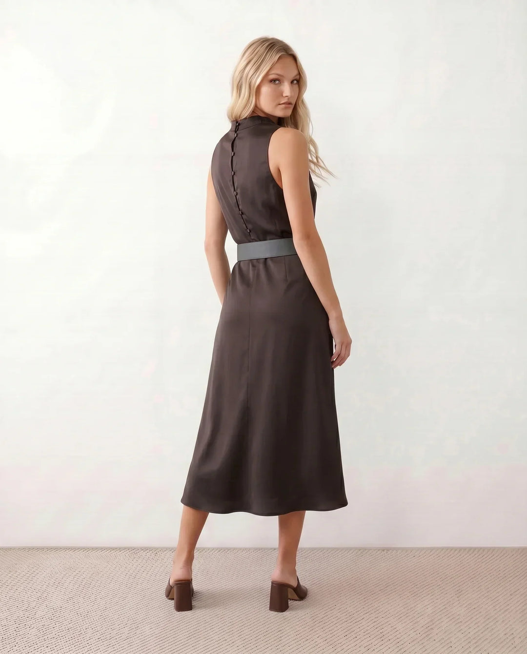 Elara | Glossy Cowl Neck Satin-Look Midi Dress