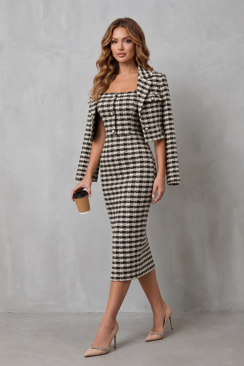Bellaisie | Plaid Cropped Blazer &amp; Fitted Midi Dress Two-Piece Set