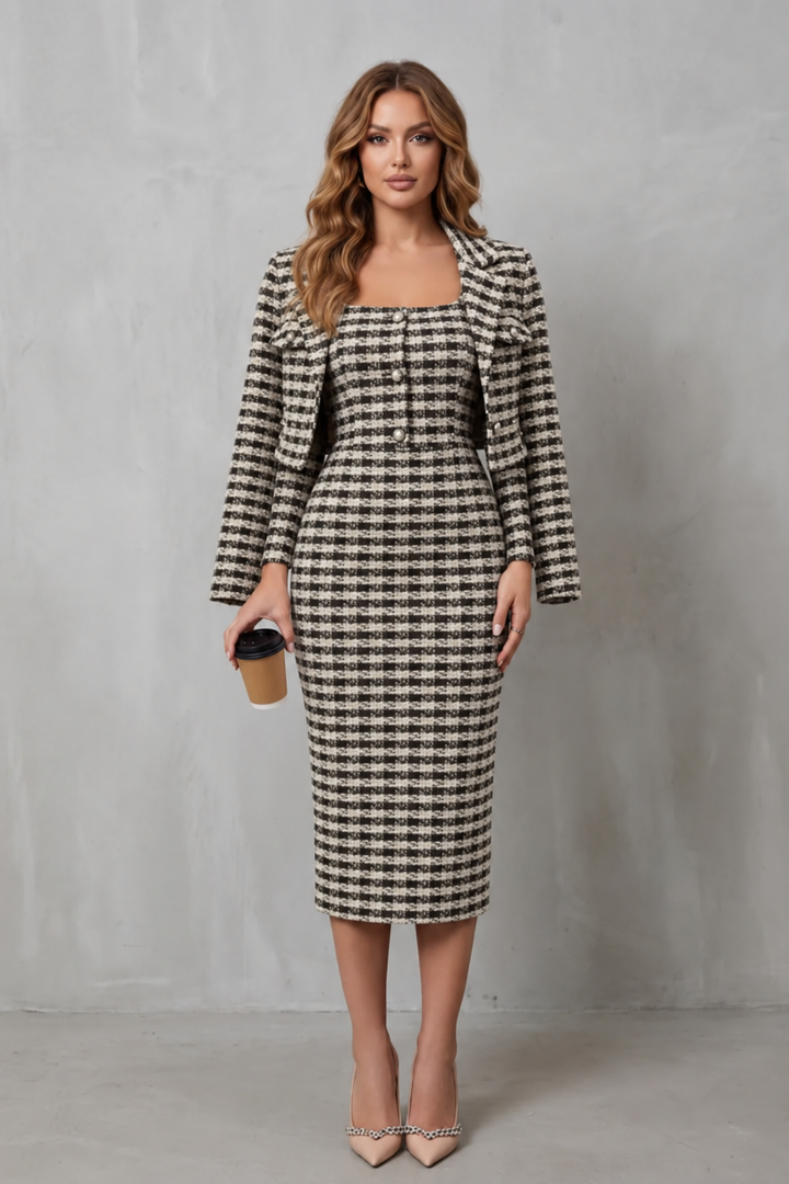 Bellaisie | Plaid Cropped Blazer &amp; Fitted Midi Dress Two-Piece Set