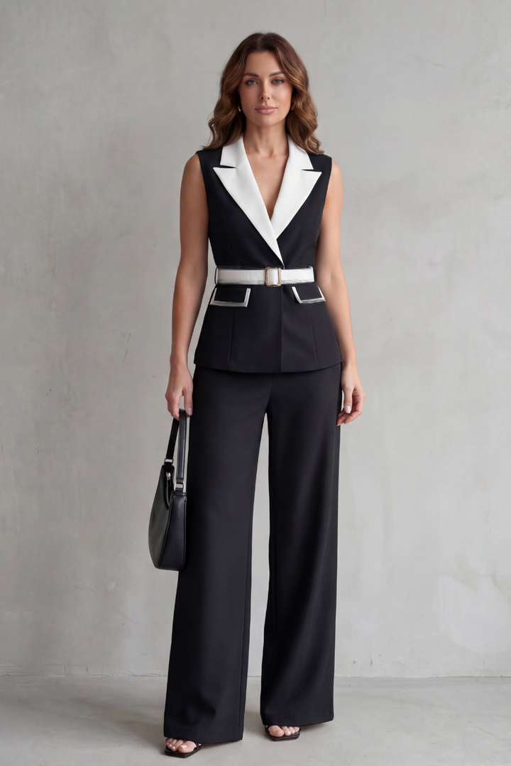 Bellavive | Two-Tone Lapel Sleeveless Pant Suit