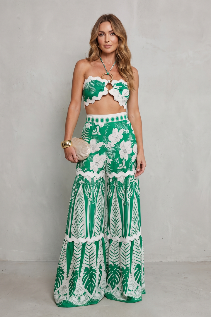 Cora | Tropical Print Halter Crop Top &amp; Wide-Leg Pant Set