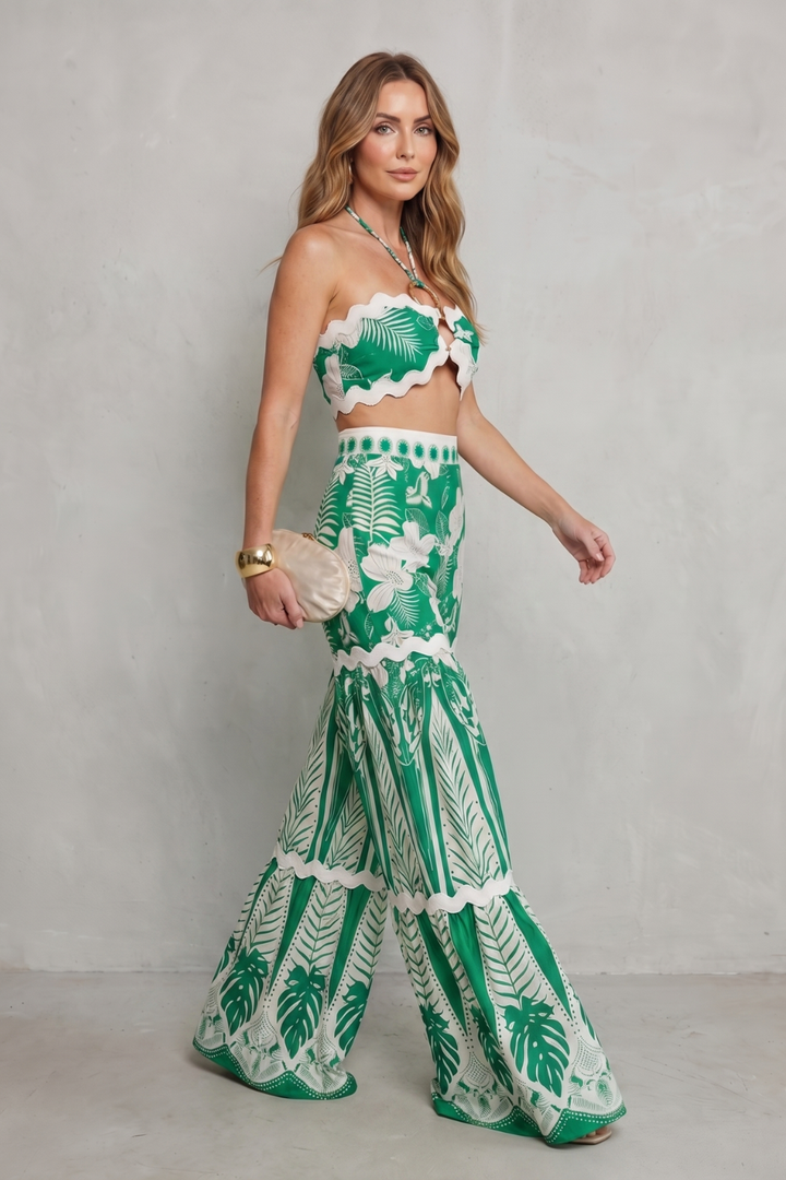 Cora | Tropical Print Halter Crop Top &amp; Wide-Leg Pant Set