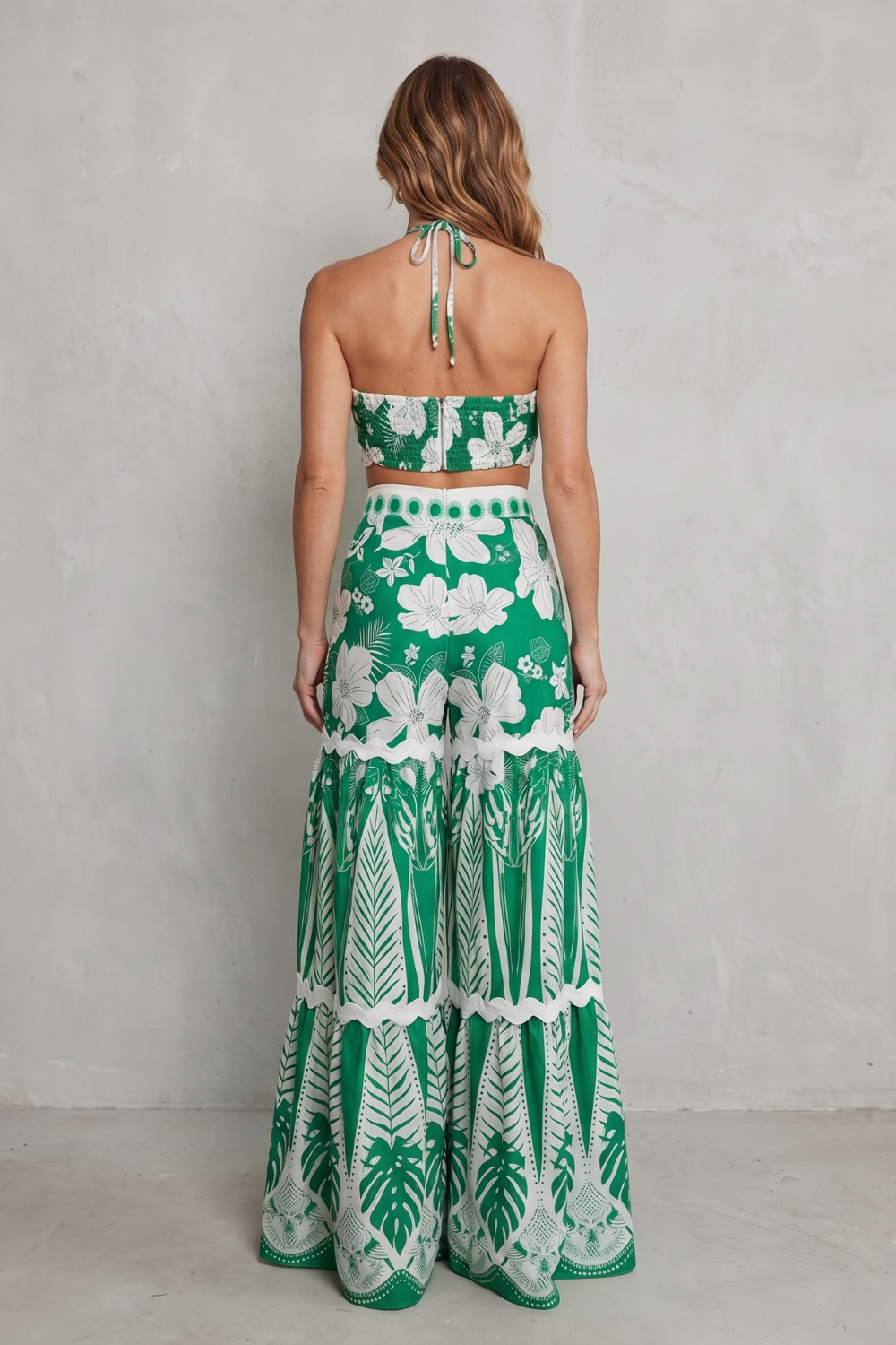 Cora | Tropical Print Halter Crop Top &amp; Wide-Leg Pant Set