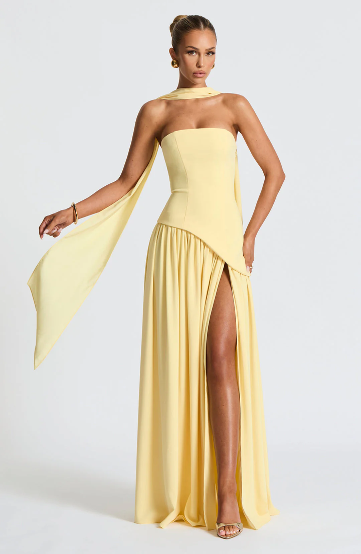 Crimson Allure | Strapless Maxi Gown with Matching Scarf