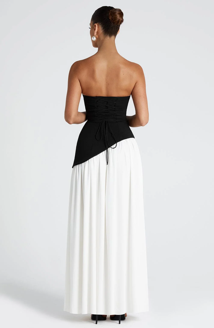 Crimson Allure | Strapless Maxi Gown with Matching Scarf