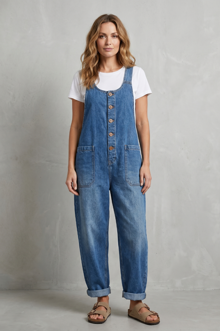 Denovia | Vintage-Wash Wide-Leg Denim Overalls