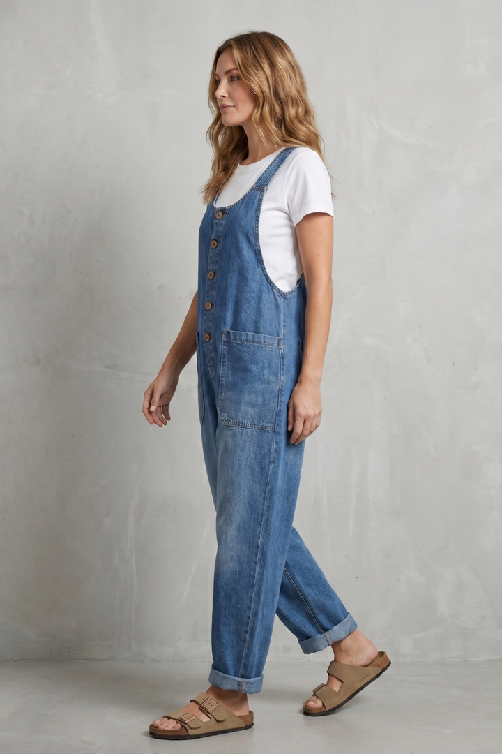 Denovia | Vintage-Wash Wide-Leg Denim Overalls