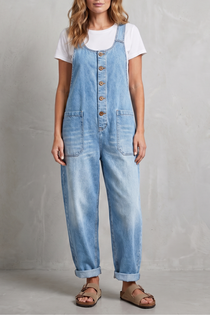 Denovia | Vintage-Wash Wide-Leg Denim Overalls