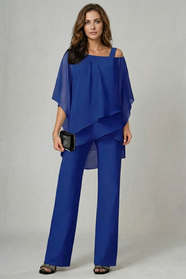 Élaria | Asymmetric Off-Shoulder Chiffon Top &amp; Pant Set