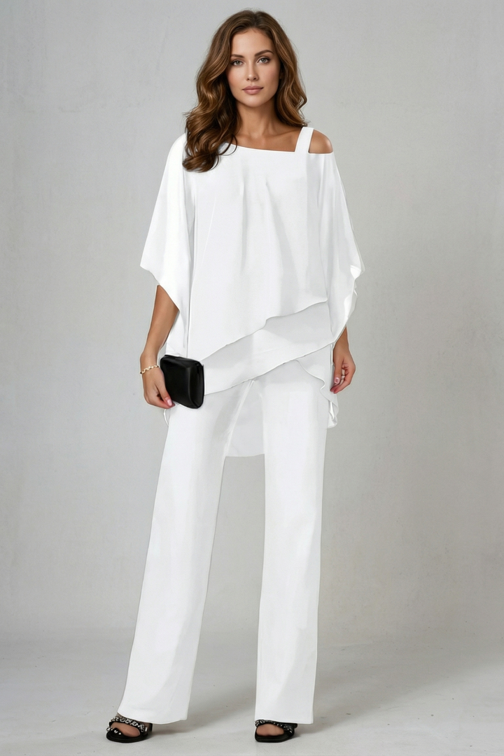 Élaria | Asymmetric Off-Shoulder Chiffon Top &amp; Pant Set