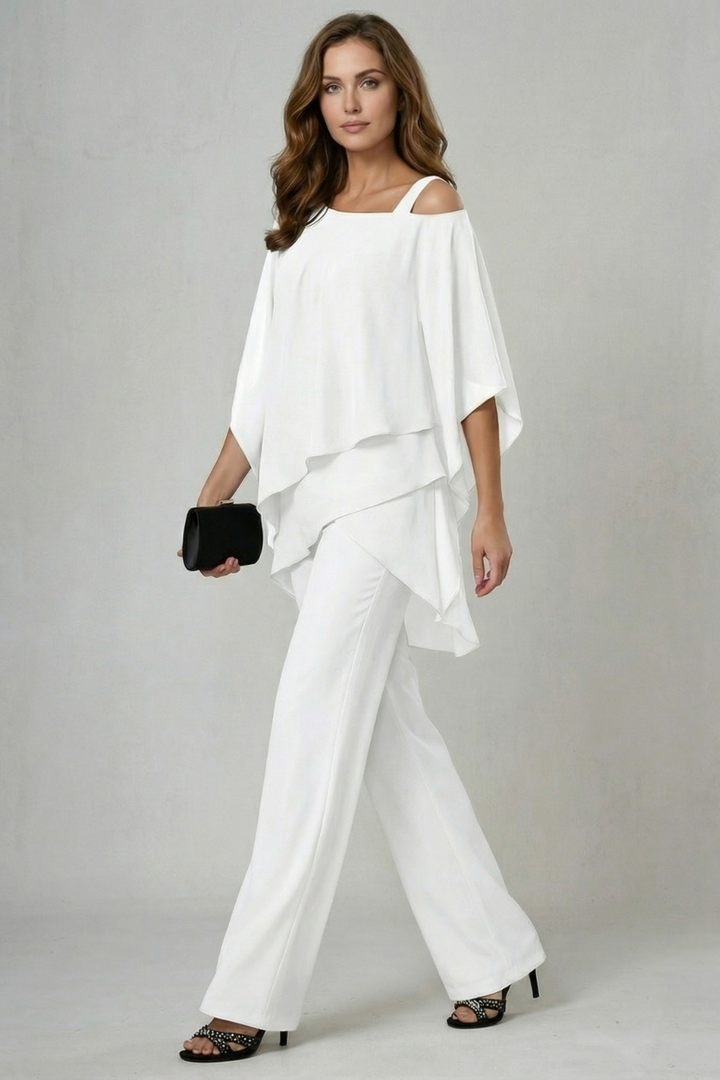 Élaria | Asymmetric Off-Shoulder Chiffon Top &amp; Pant Set