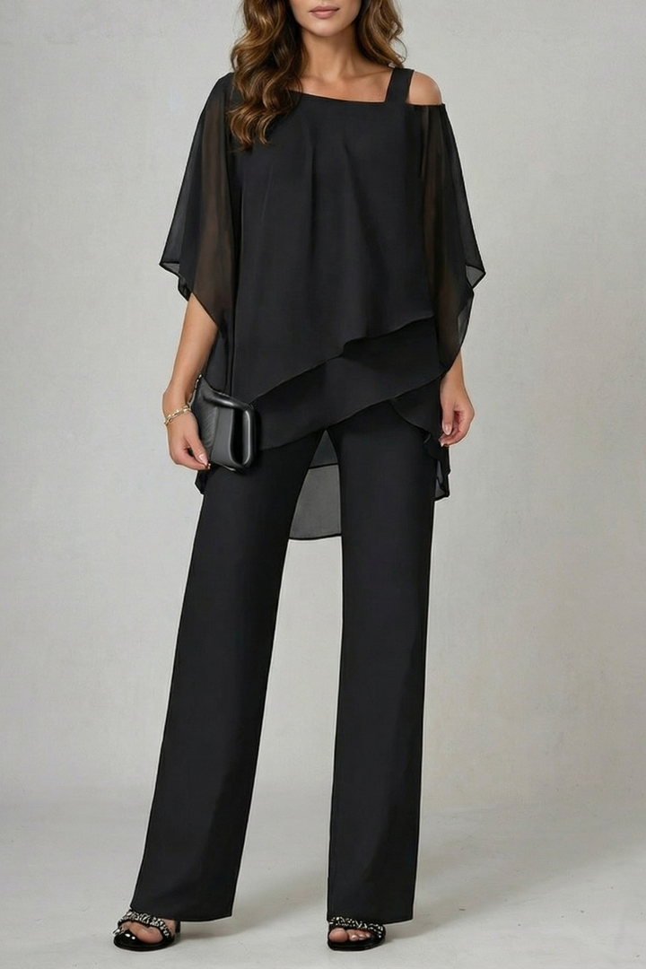 Élaria | Asymmetric Off-Shoulder Chiffon Top &amp; Pant Set
