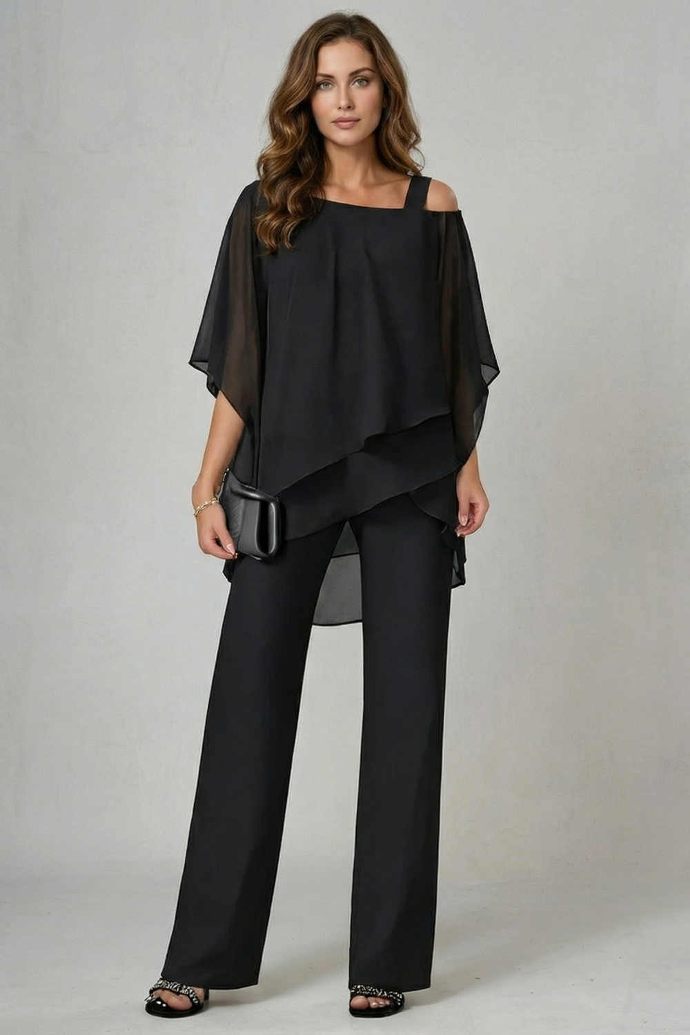 Élaria | Asymmetric Off-Shoulder Chiffon Top &amp; Pant Set