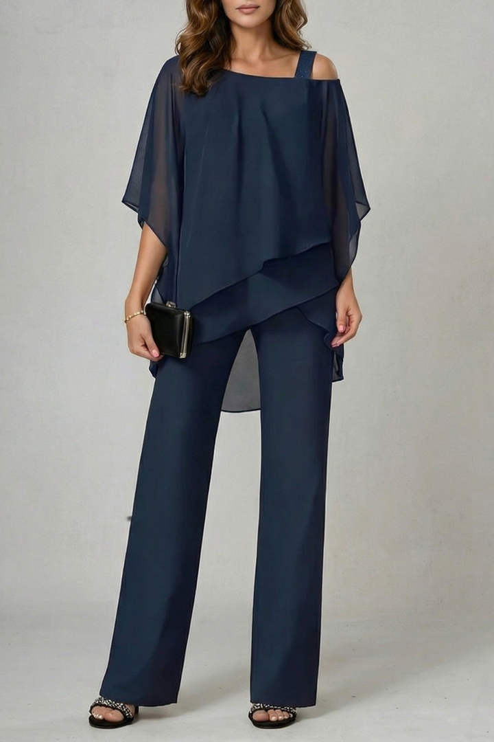 Élaria | Asymmetric Off-Shoulder Chiffon Top &amp; Pant Set