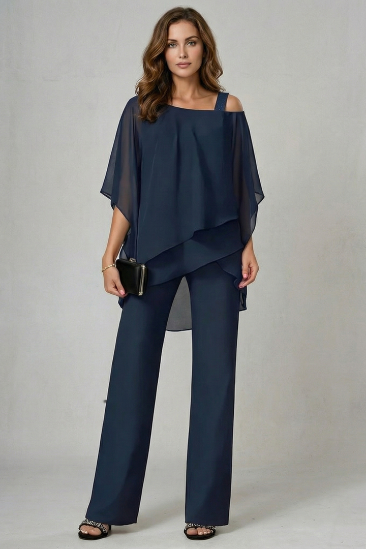 Élaria | Asymmetric Off-Shoulder Chiffon Top &amp; Pant Set