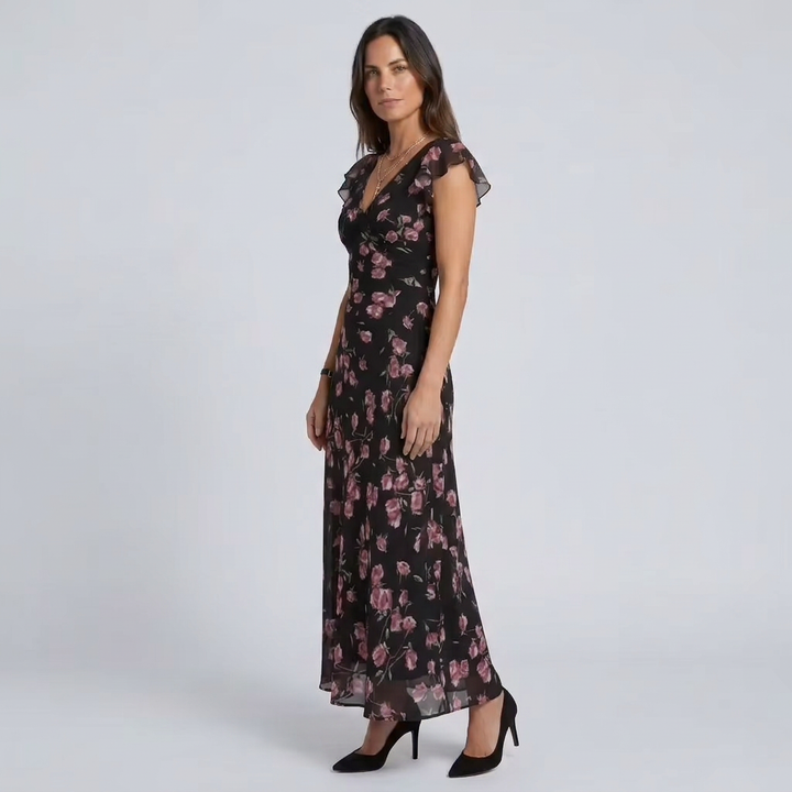 Kira | Floral Flutter Sleeve V-Neck Maxi Dress