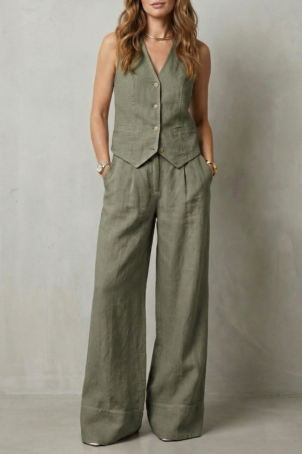 Linéaura | Sleeveless Tailored Vest &amp; Wide-Leg Pant Set