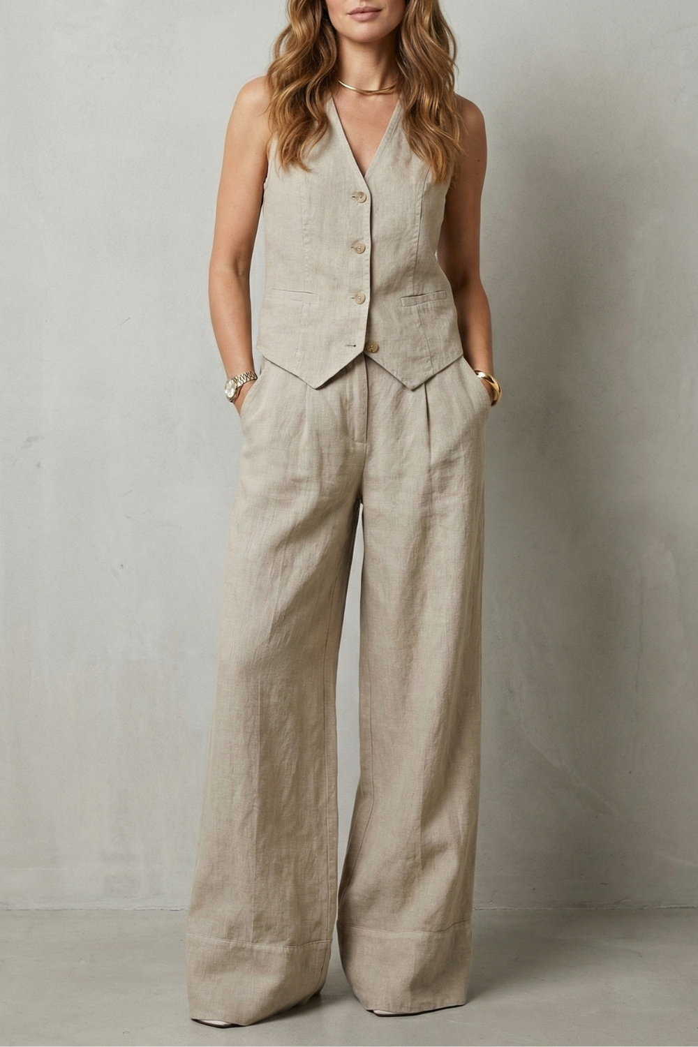 Linéaura | Sleeveless Tailored Vest &amp; Wide-Leg Pant Set