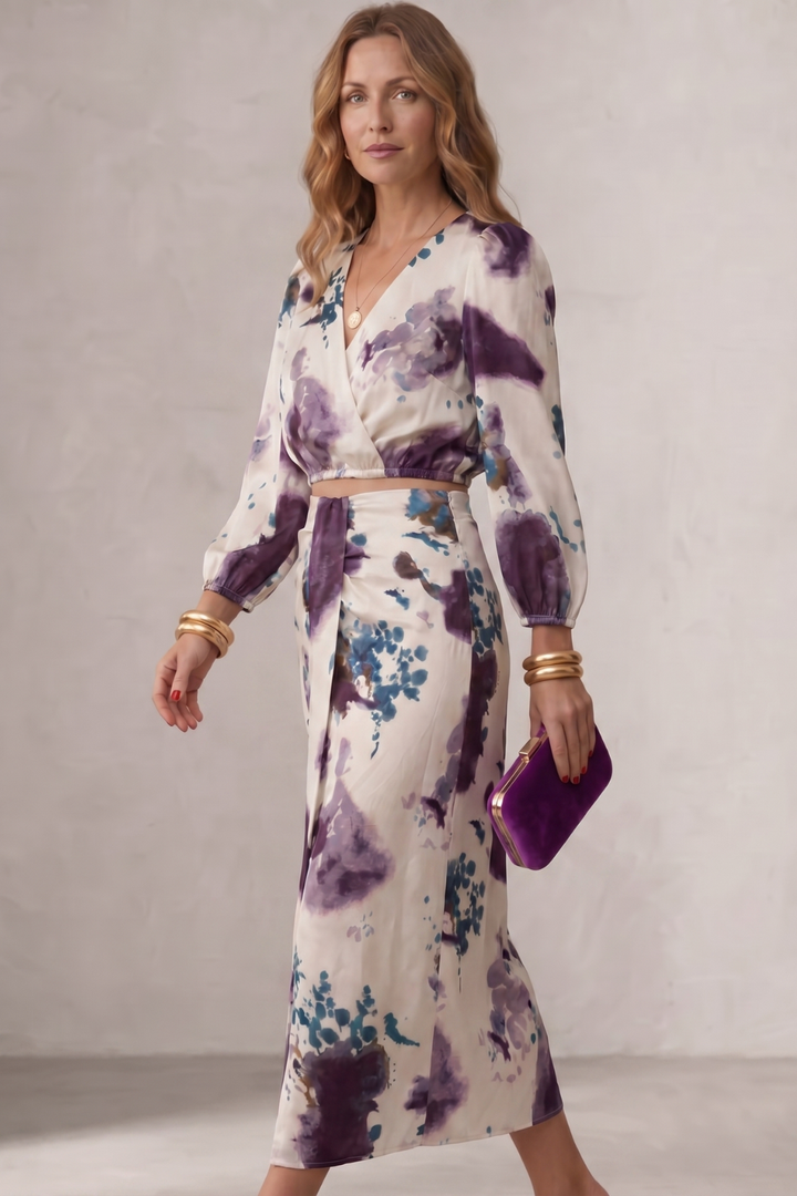 Liv | Watercolor Floral Wrap Blouse &amp; Maxi Skirt Set
