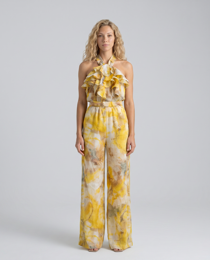 Tina | Watercolor Print Halter Jumpsuit