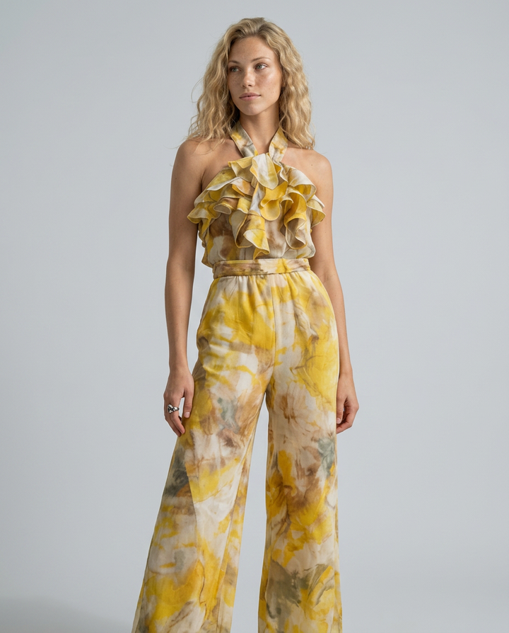 Tina | Watercolor Print Halter Jumpsuit