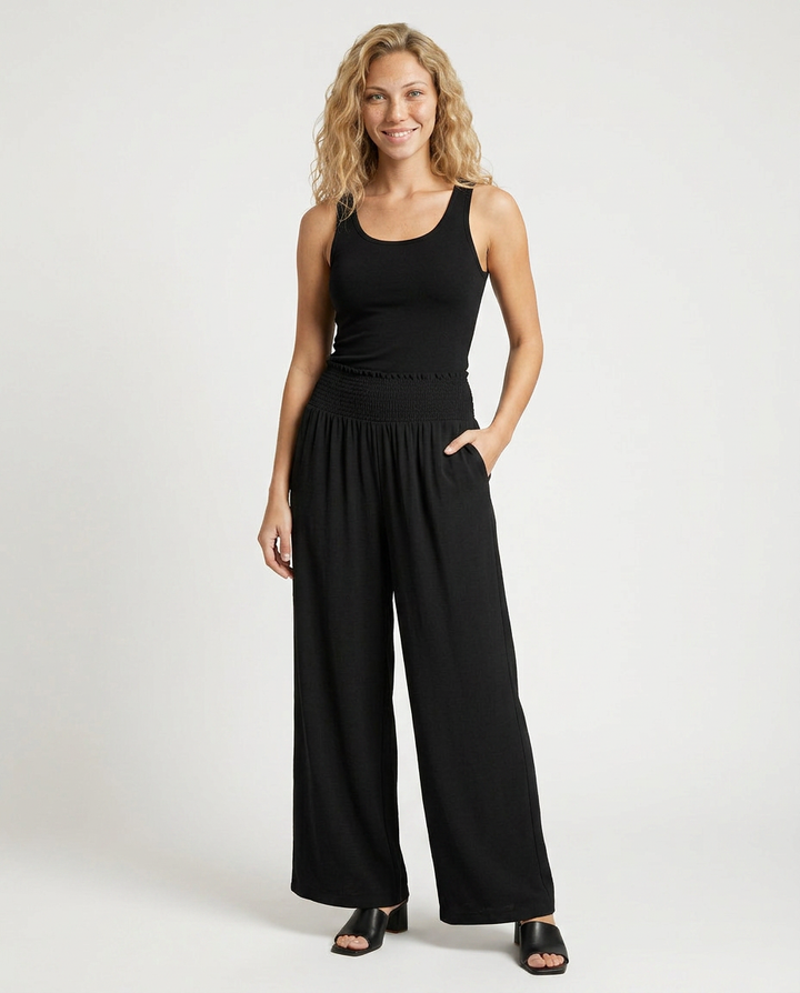 Doris | Wide Leg Pants with Shirred Elastic Waist
