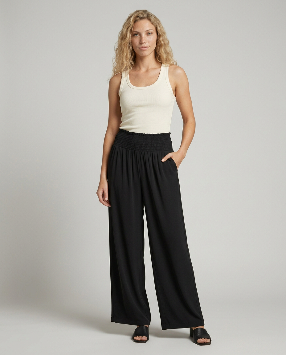 Doris | Wide Leg Pants with Shirred Elastic Waist
