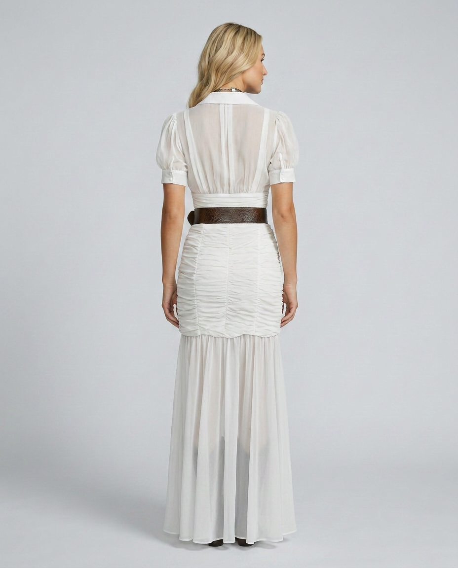 Greta | Pleated Maxi Dress with Lapel Collar and Waist Detail