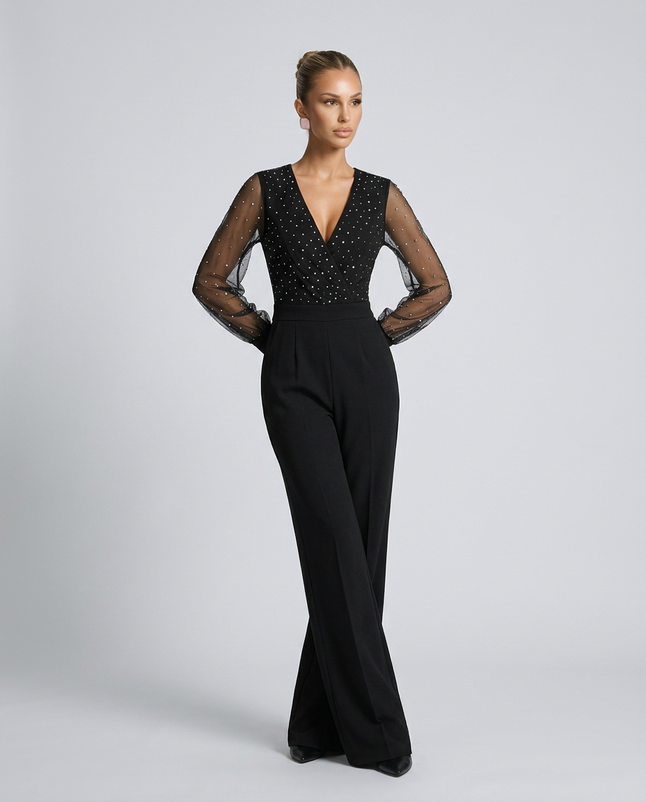 Ellen | Sequin Mesh Sleeve Jumpsuit with Wide-Leg Pants