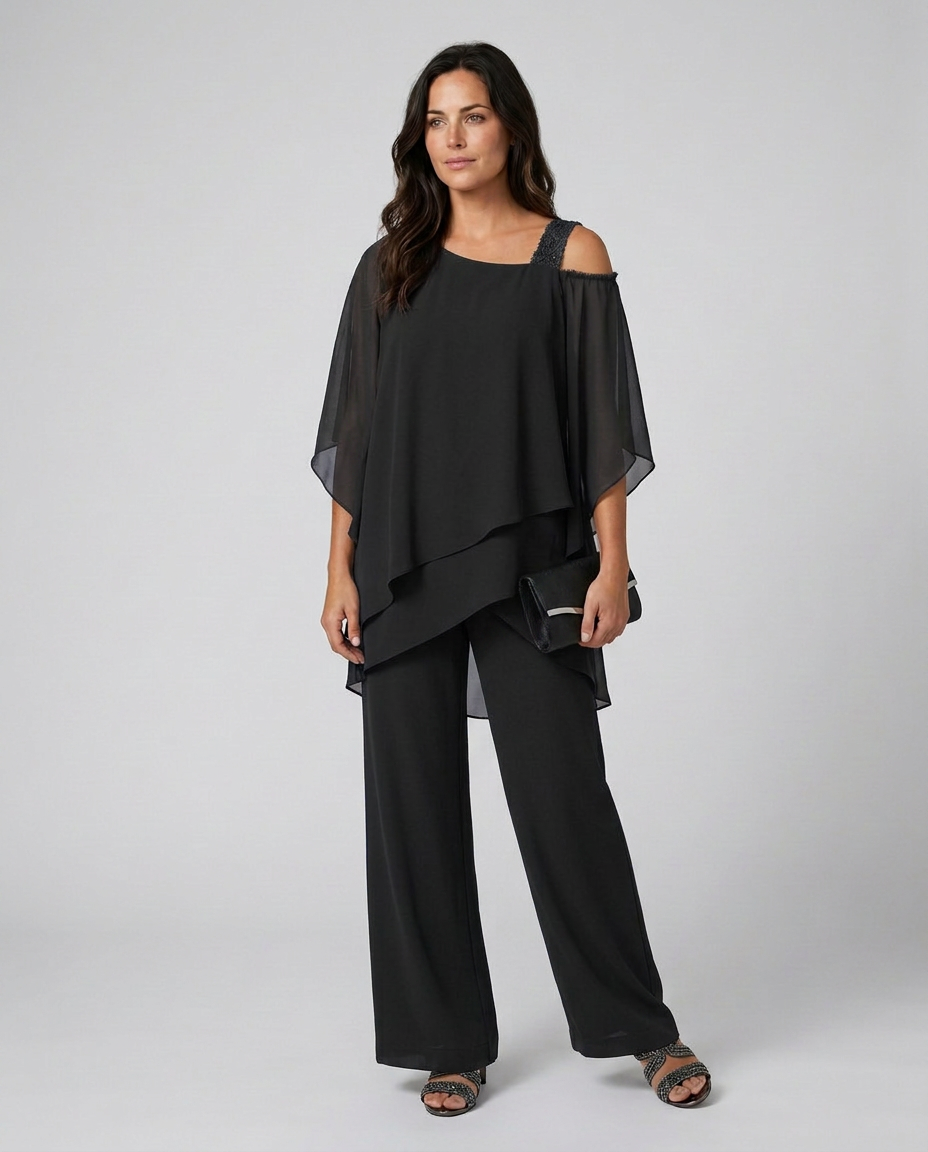 Celeste | Two-Piece Cold Shoulder Jumpsuit with Straight-Leg Pants