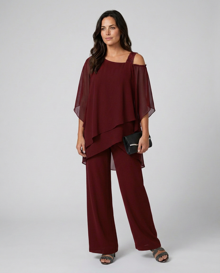 Celeste | Two-Piece Cold Shoulder Jumpsuit with Straight-Leg Pants