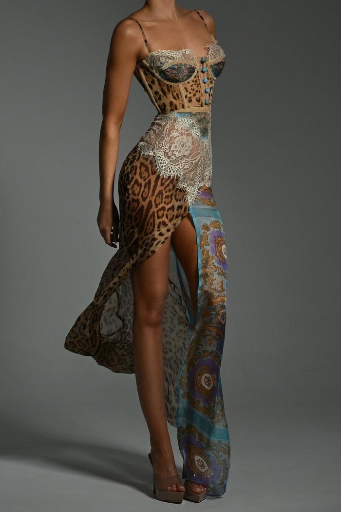 Reva | Lace Trim Leopard Print Side Slit Maxi Dress