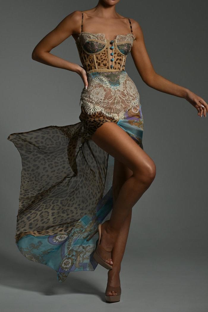 Reva | Lace Trim Leopard Print Side Slit Maxi Dress