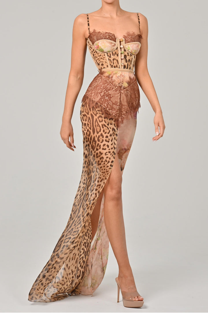 Reva | Lace Trim Leopard Print Side Slit Maxi Dress