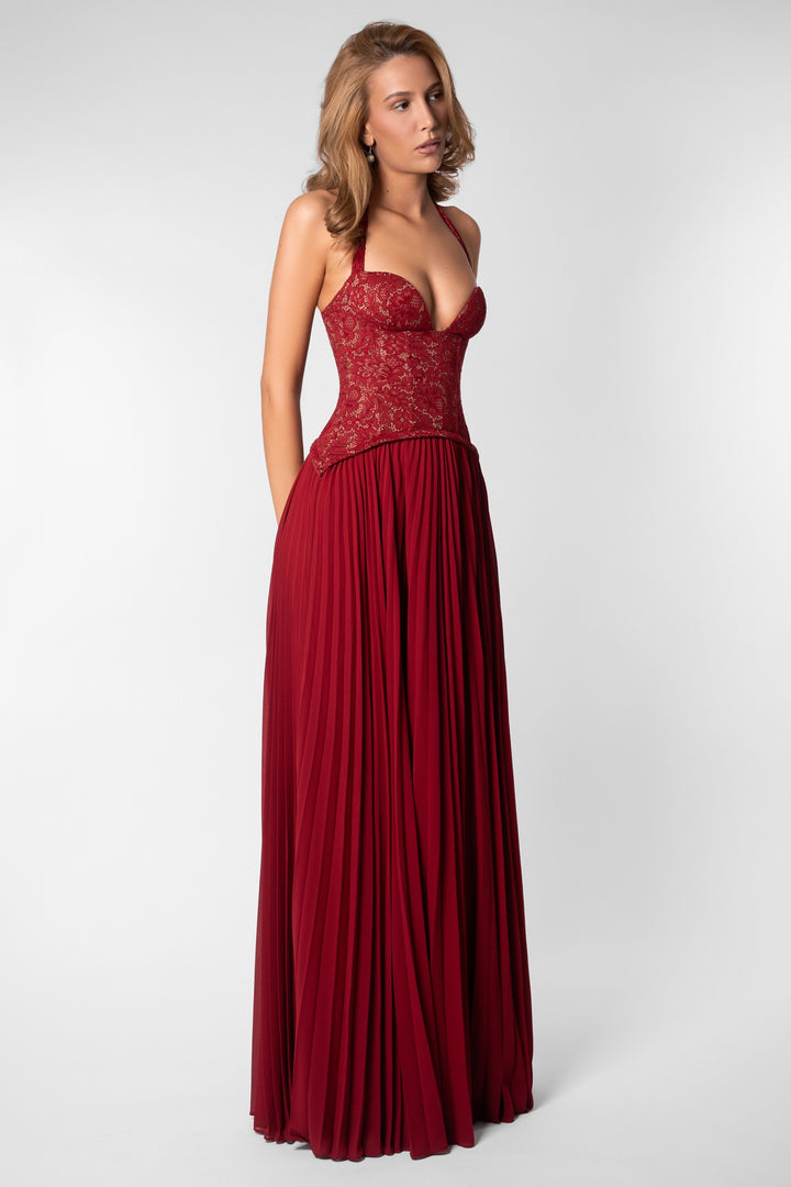 Ottilie | Sweetheart Lace Chiffon Pleated Maxi Dress