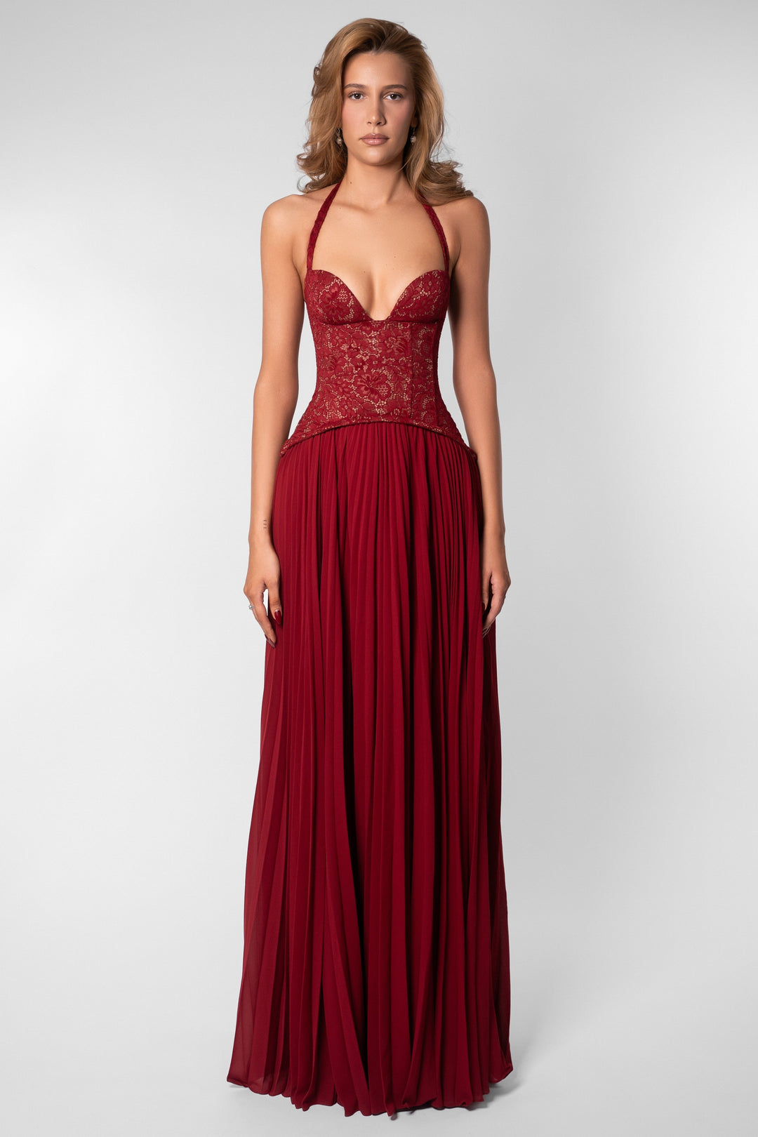 Ottilie | Sweetheart Lace Chiffon Pleated Maxi Dress