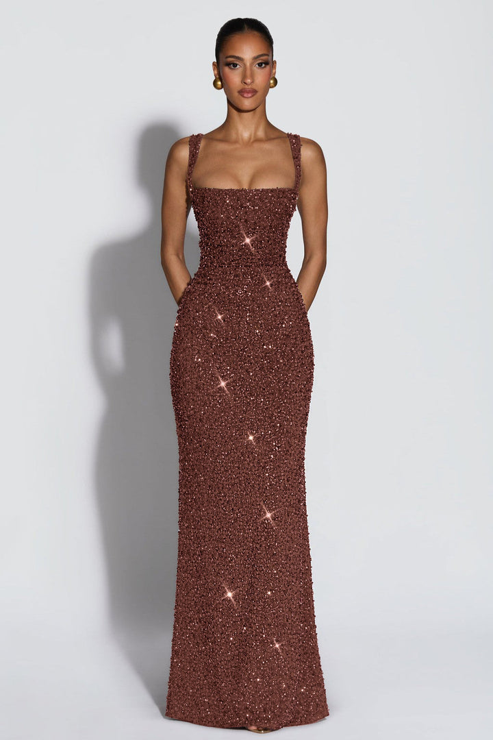 Cleo | Sequin Tie-Up Square Neck Maxi Dress