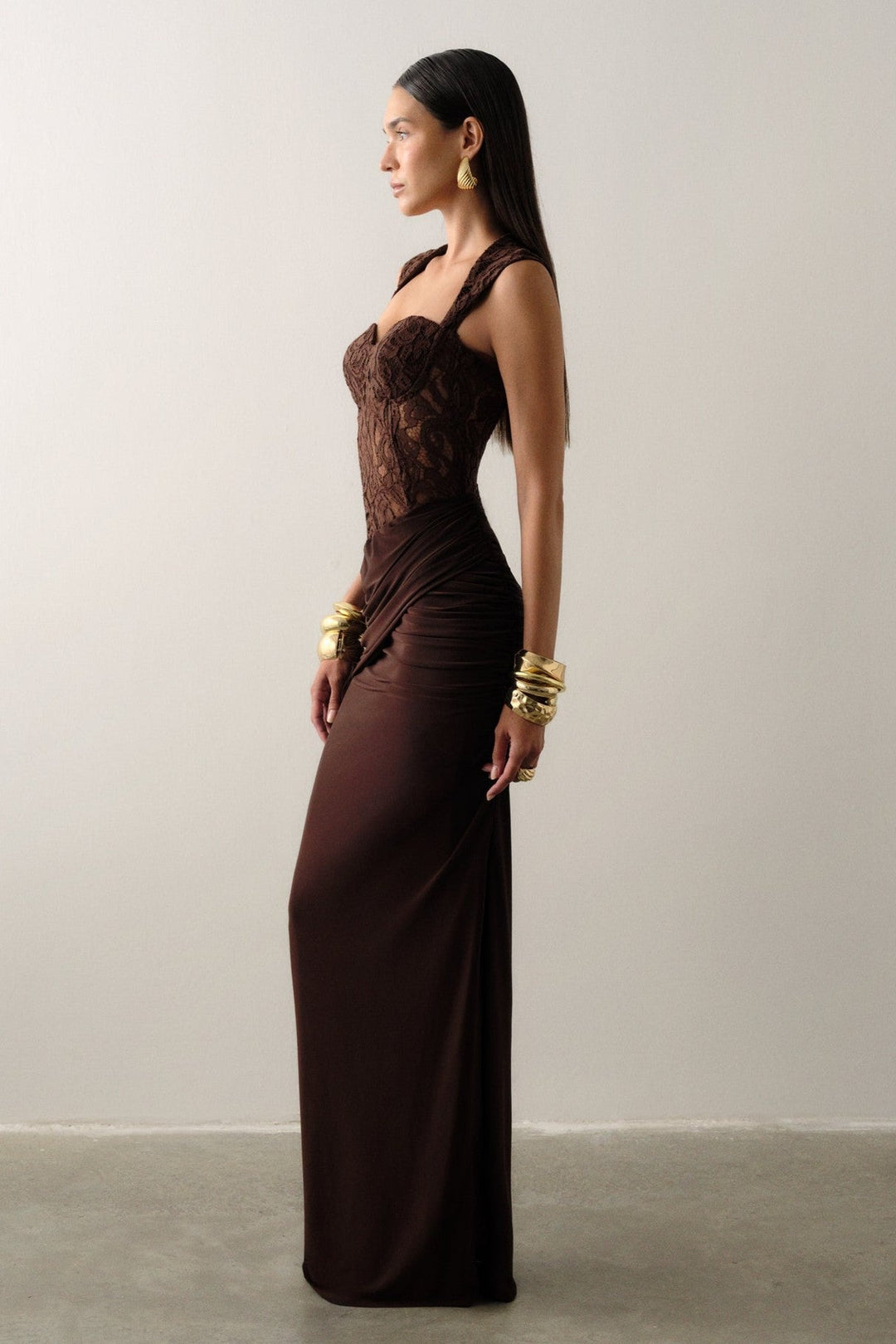Edda | Lace Sweetheart Ruched Maxi Dress
