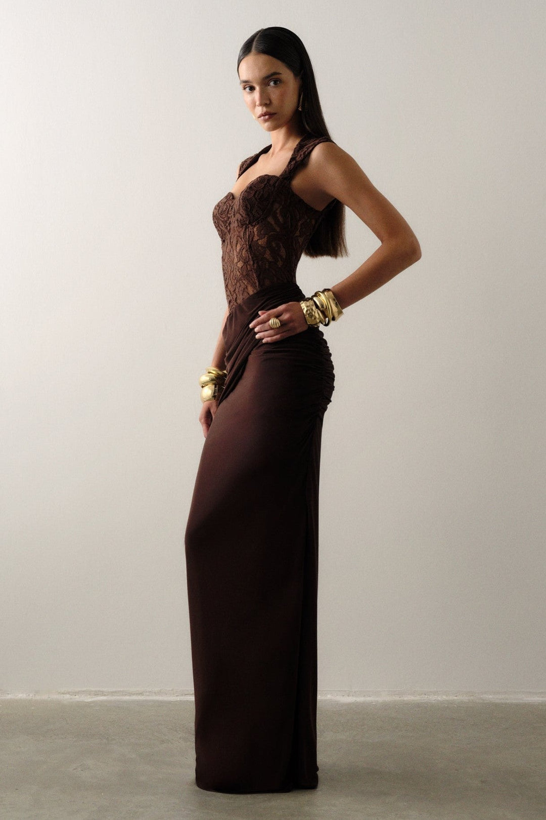 Edda | Lace Sweetheart Ruched Maxi Dress