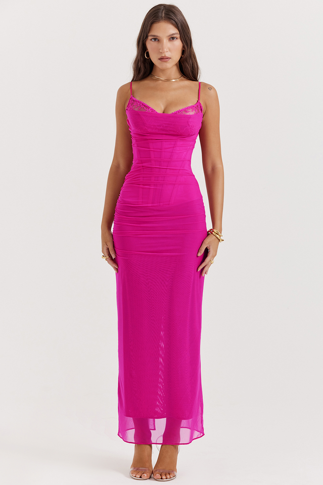 Nalini | Mesh Maxi Dress with Lace Trim and Corset Waist