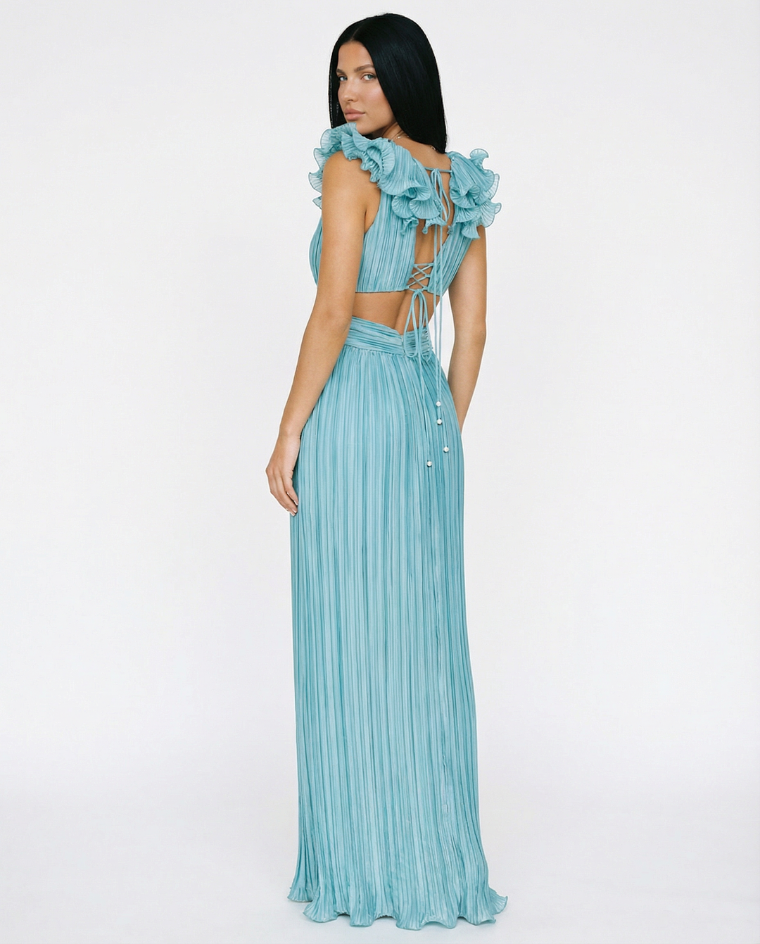 Taylor | Pleated V-Neck Maxi Dress with Cut-Out and Front Split