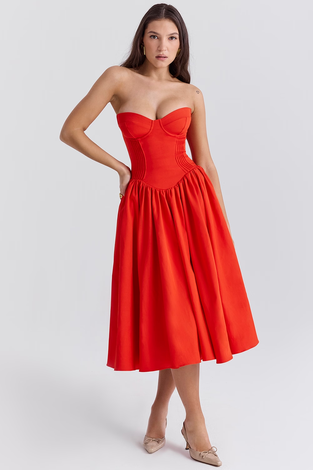 Elizabeth | Strapless Midi Sundress with Corset Bodice