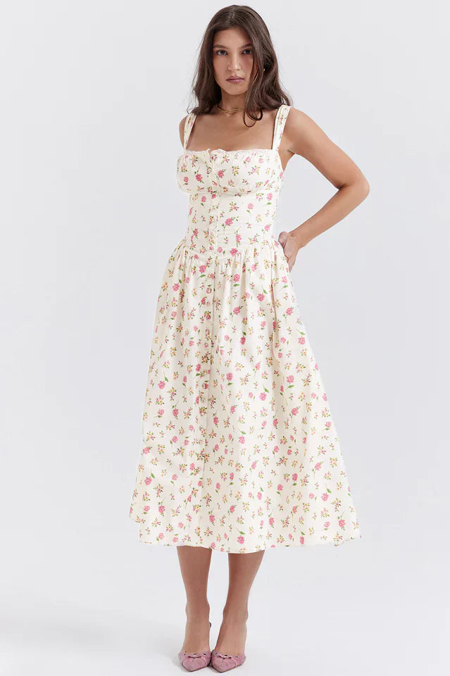 Christy | Midi Sundress with Floral Print and Fitted Bodice