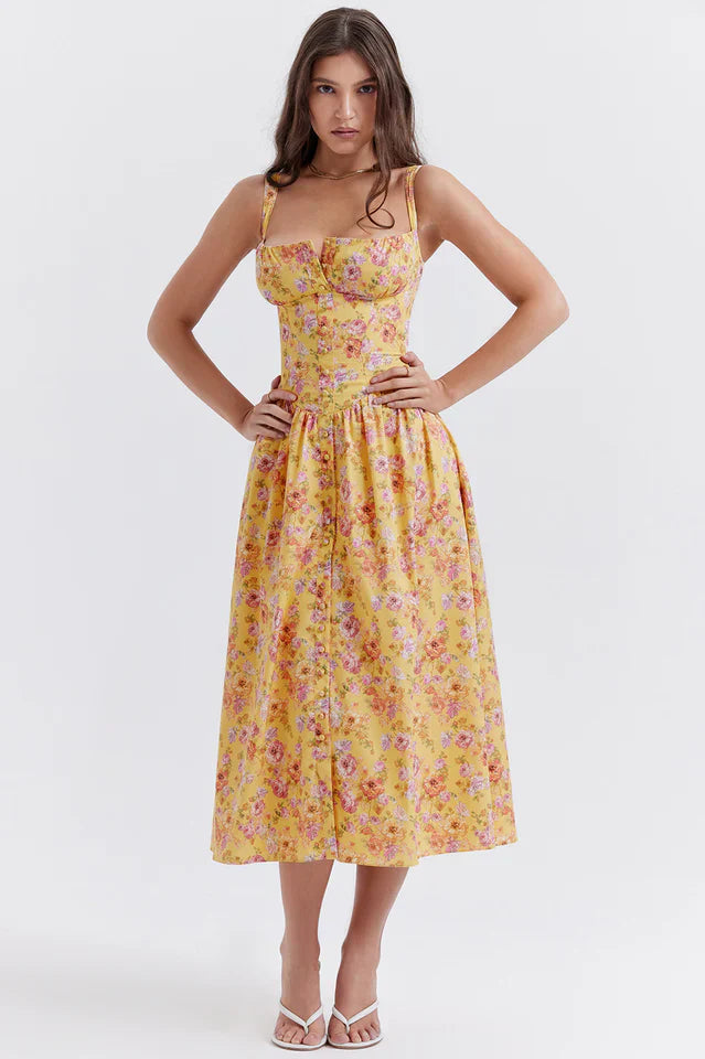 Stacy | Floral Midi Dress with Structured Bodice