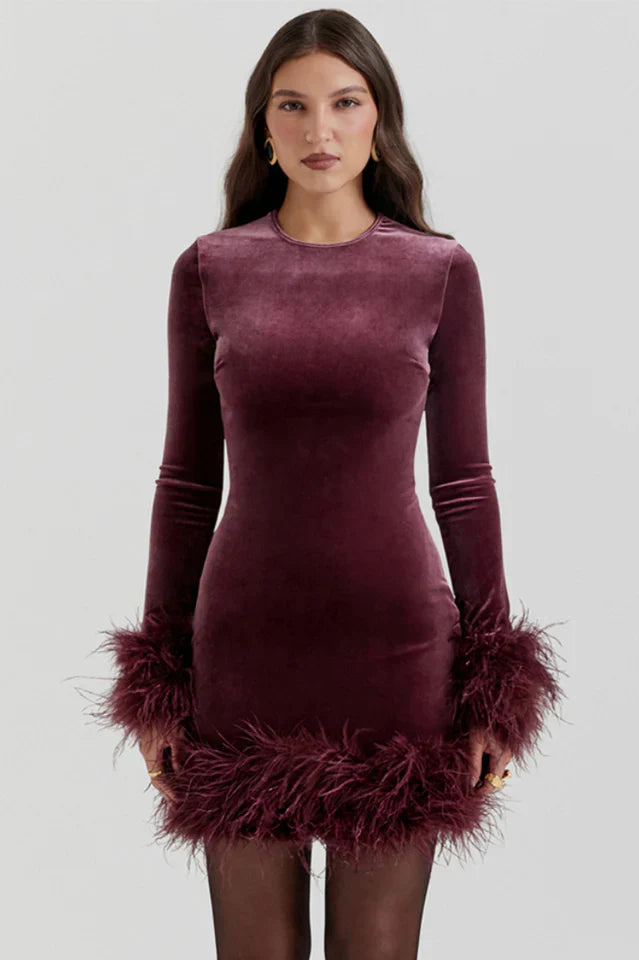 Marta | Velvet Mini Dress with Feather Trim