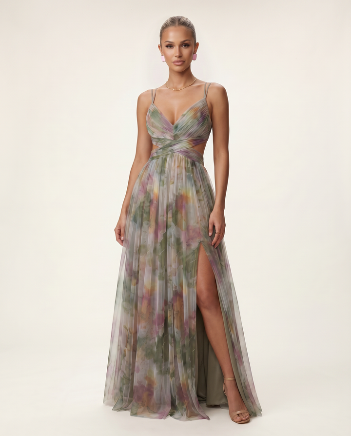 Colby | Maxi Dress with Watercolor Floral Print and Pleats