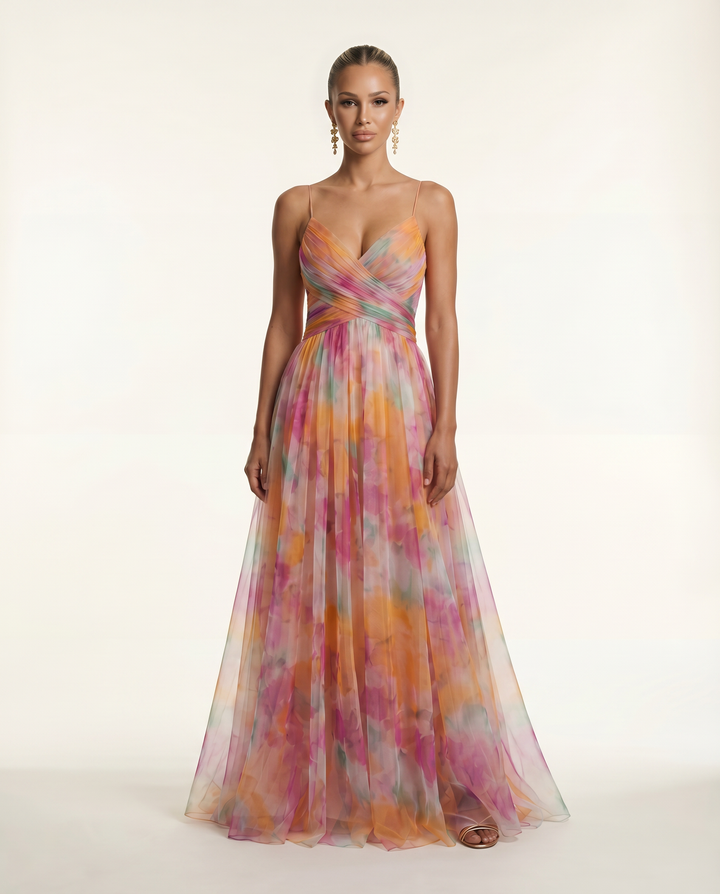 Colby | Maxi Dress with Watercolor Floral Print and Pleats