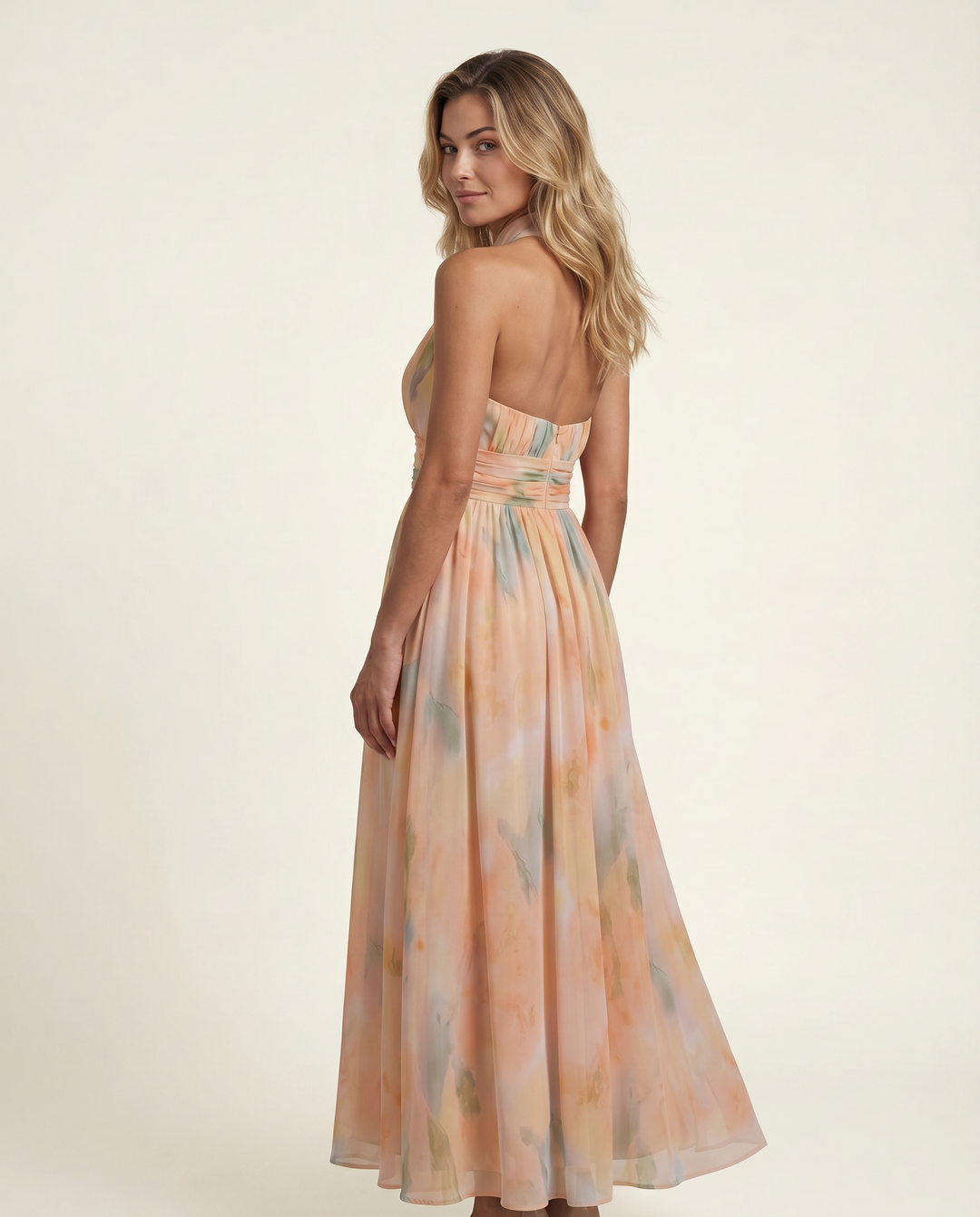 Felecia | Maxi Dress with Watercolor Print and Halter Neck